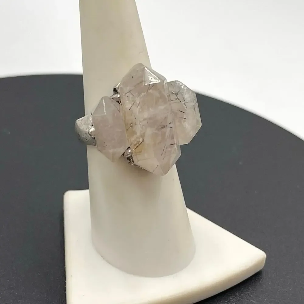 Artisan Handmade Silver Rutilated Or Tourmalinated Quartz Stone Ring‎ Sz 7 1/4